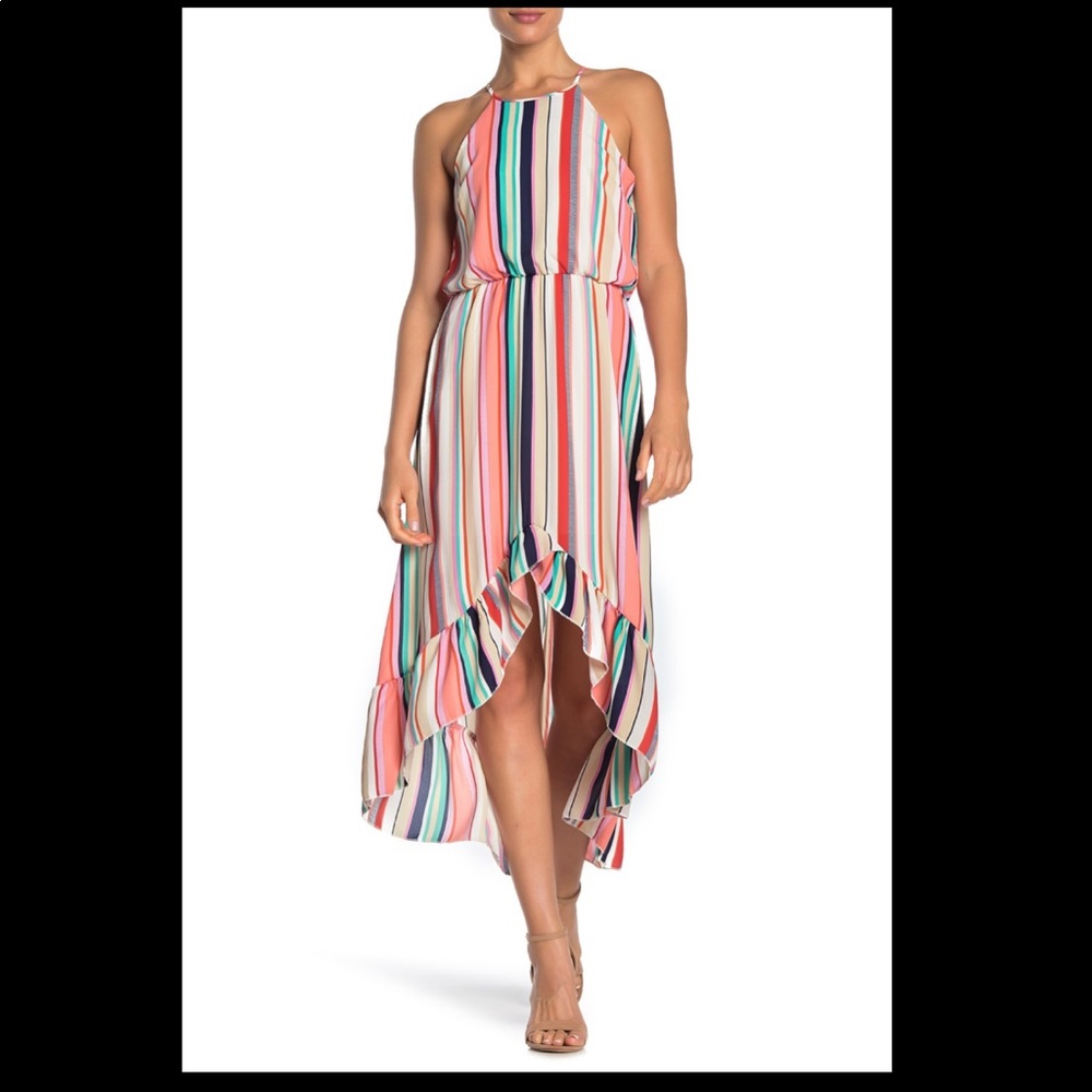 Bailey blue stripe high low halter dress